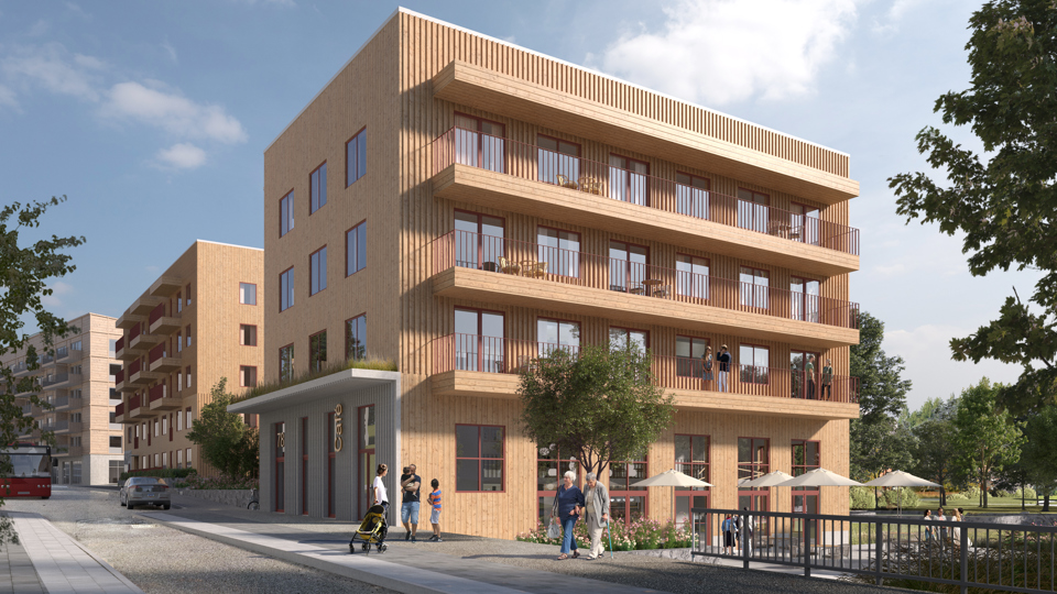 Kvarter A sett norrut längs Bjursätragatan med lokal i bottenvåning och uteplats i Rågdalen. Illustration: Brunnberg och Forshed.